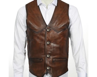 Men’s Brown Leather Vest – 100% Lamb, Handcrafted Soft Sheepskin Cowboy Waistcoat, Jerkin Style