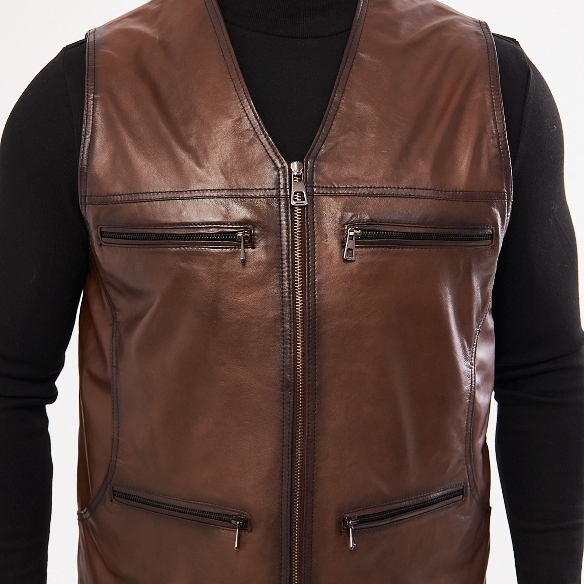 Gilet In Vera Pelle Di Pecora Marrone Da Uomo Nuovo Di Lusso