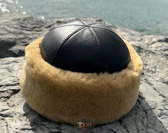 Mongolian Unisex Warm Hat One Size Tan Sheepskin Fur Pom-Pom Unique Winter Mongolian Hat - Stony - Sheepskin Shearling Fur Lace  main image 4