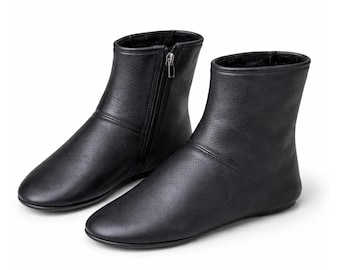 Black Sheepskin Lined Leather House Boots – Genuine Cowhide Indoor Slippers Zipper, Winter Home Shoes