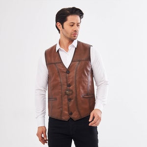 Brown Leather Vest – Handmade Sheepskin Waistcoat for Men&#39;s, Genuine Lambskin Classic Outerwear