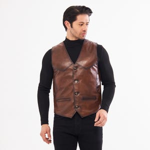 Leather Vest Men Brown Sheepskin Waistcoat Handmade Cowboy Biker Motorcycle Outerwear Western Jerkin image 3