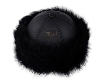 Bonnet d'hiver unisexe en peau de mouton et fourrure en cuir noir - Chapeau en cuir fait main