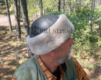 Shearling Sheepskin Winter Hat – Handmade Men’s Leather Fur Beanie, Warm Outdoor Headwear
