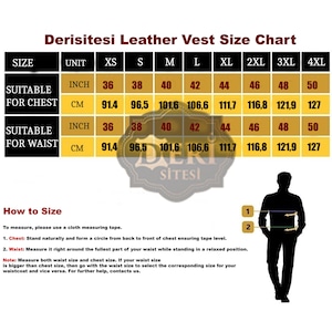 May include: A Derisitesi Leather Vest Size Chart featuring a table with chest and waist measurements in inches and centimeters for sizes XS through 4XL. It includes a silhouette illustration with numbered points for measuring instructions.