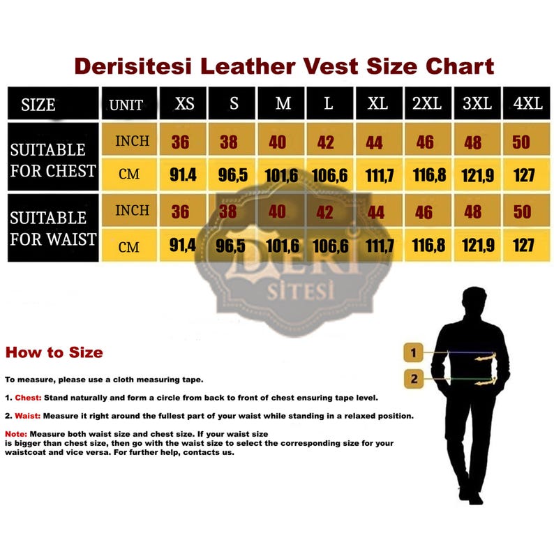 May include: A Derisitesi Leather Vest Size Chart featuring a table with chest and waist measurements in inches and centimeters for sizes XS through 4XL. It includes a silhouette illustration with numbered points for measuring instructions.