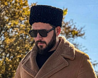 Astrakan Karakul Kalpak - Handmade Caucasian Hat - Traditional Papakha Black Lambskin Winter Cossack Cap