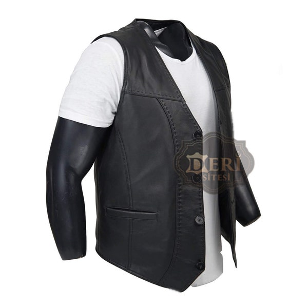 Premium 100% Lamb Leather Vest - Black Sheepskin Men's Vest - Free Shipping - Best Gift