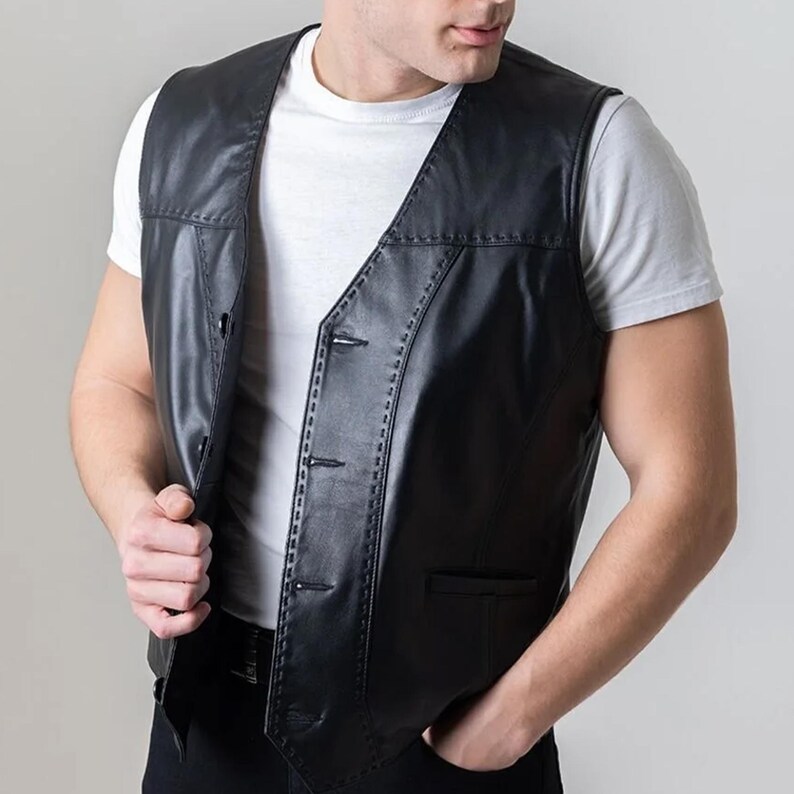 Men's Leather Vest - Soft Black Lambskin Motorcycle Waistcoat- Handmade Fit Turkish Sheepskin Gilet