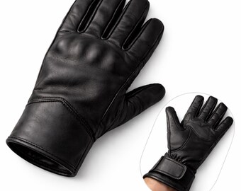 Genuine Cowhide Leather Motorcycle Gloves Black Fleece Lined Protective Knuckle Palm Guard Riding Glove
