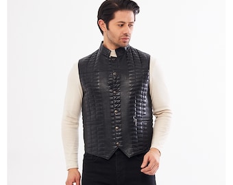 Men’s Leather Vest – Motorcycle Vests - Black Genuine Lambskin Handmade Biker Waistcoat - Slim Fit