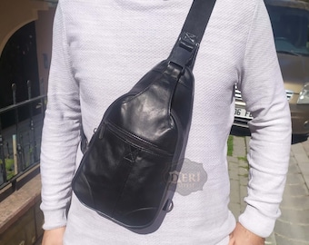Mens Leather Sling Bag Crossbody Chest Shoulder Satchel Handmade Genuine Men Travel Pack