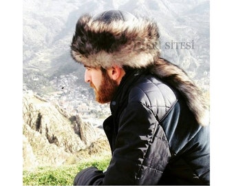 Real Sheep Fur Men's Leather Hat With Tail - Winter Fur Hat - Handmade Leather Hat,  Christmas Gifts For Him - Fur Hats for Men