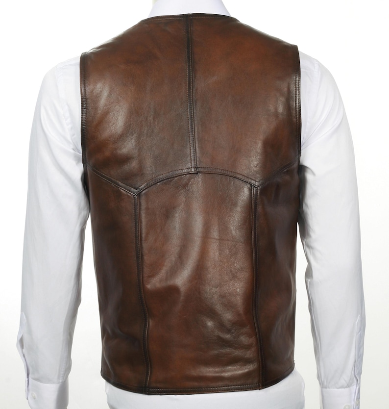 Leather Vest Men Brown Sheepskin Waistcoat Handmade Cowboy Biker Motorcycle Outerwear Western Jerkin