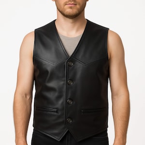 Men&#39;s Black Leather Vest – Handmade Lambskin Waistcoat – Comfortable Fit – 6 Pockets – Turkish Craftsmanship – Gift for Him – Ships Fast