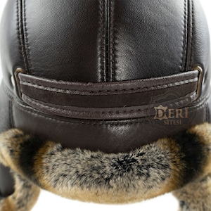 Chapeau aviateur en cuir de fourrure de lapin rex brun russe Ushanka trappeur en fourrure pour homme image 7