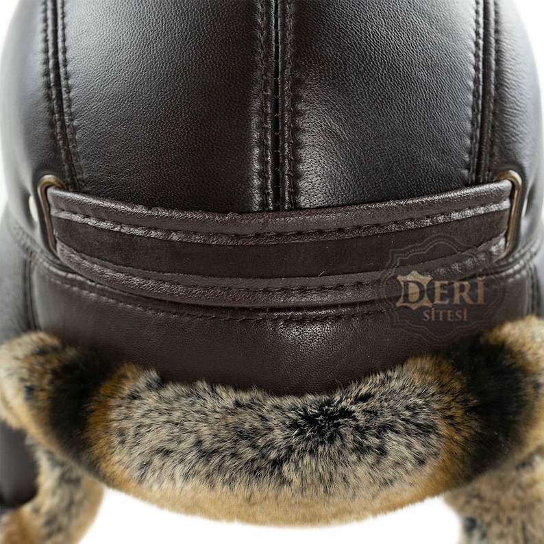 Chapeau aviateur en cuir de fourrure de lapin rex brun russe Ushanka trappeur en fourrure pour homme image 7