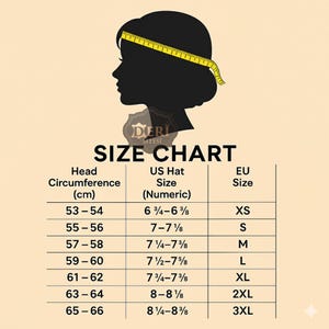 Peut inclure: Un tableau des tailles de chapeaux sur fond beige avec une silhouette noire de t&ecirc;te entour&eacute;e d'un m&egrave;tre ruban jaune. Le tableau indique la circonf&eacute;rence de la t&ecirc;te en cm, les tailles am&eacute;ricaines et les tailles europ&eacute;ennes de XS &agrave; 3XL, de 53 &agrave; 66 cm.