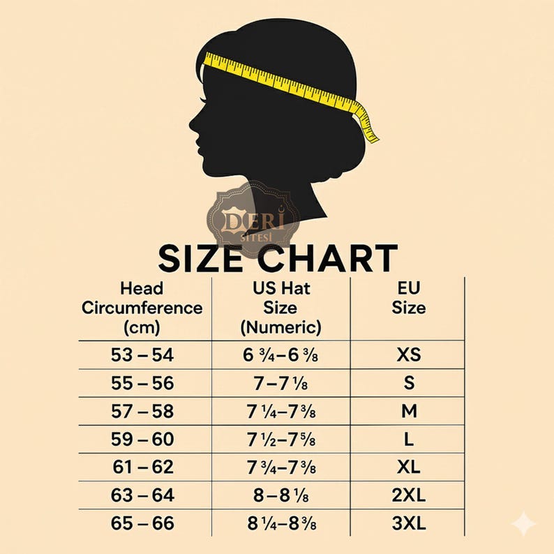 Peut inclure: Un tableau des tailles de chapeaux sur fond beige avec une silhouette noire de t&ecirc;te entour&eacute;e d'un m&egrave;tre ruban jaune. Le tableau indique la circonf&eacute;rence de la t&ecirc;te en cm, les tailles am&eacute;ricaines et les tailles europ&eacute;ennes de XS &agrave; 3XL, de 53 &agrave; 66 cm.