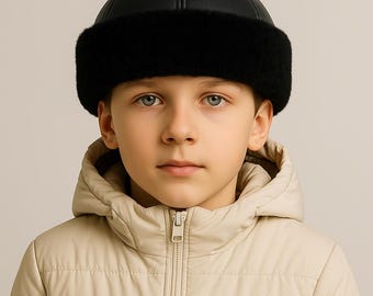 Boys Winter Hat, Sheepskin Kids Leather Hats – Handmade Black Fur Lined Cap, Warm Lambskin