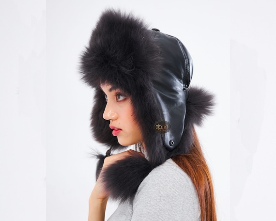 Women's Black Sheepskin Fur Trapper Hat Leather Ushanka Russian