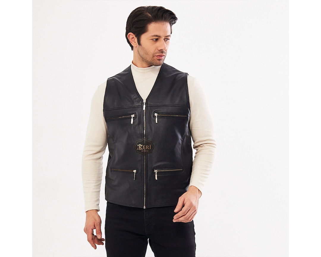 Men's Black Leather Vest With 8 Pockets - Zippered Closure