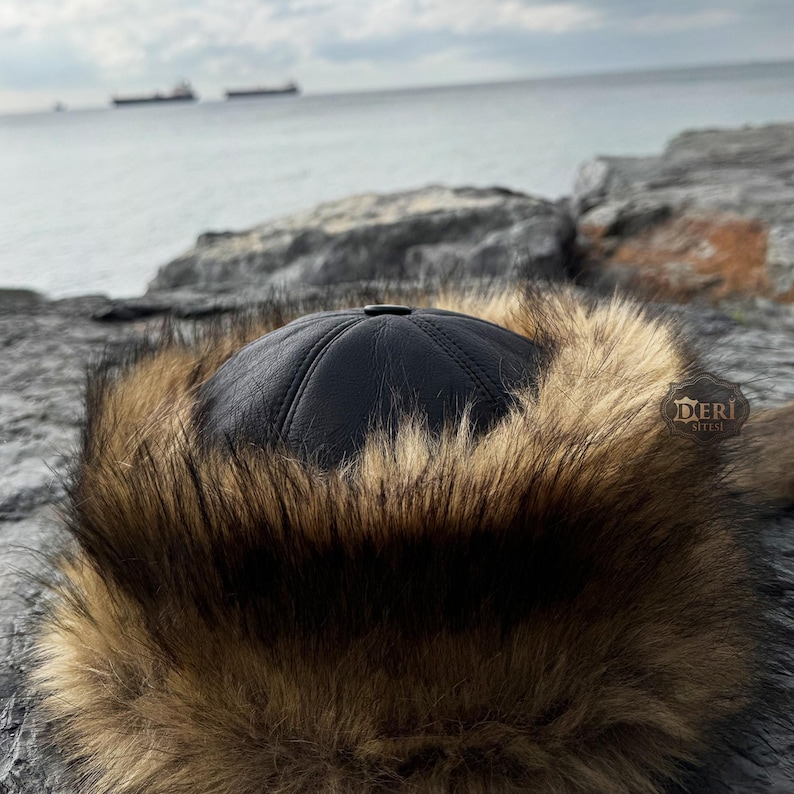 Mongolian Hat, Asian Leather and Fur Hat - Authentic Wolf Fur Pattern - Unisex Winter Hat -Unique Christmas Gift Ideas - Sheepskin and Faux Fur