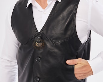 Mens Leather Vest – Black Regular Fit Vests, Waistcoat, Button Front Design with 6 Pockets