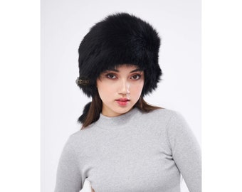 Women&#39;s Black Shearling Sheepskin Winter Hat with Leather Fur - Stay Cozy and Chic! - Handmade, Stylish, and Unique Winter Gift for Her