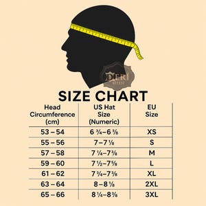 May include: A size chart graphic featuring a black silhouette of a head with a yellow measuring tape wrapped around it. The chart displays head circumference in cm, US hat sizes, and EU sizes ranging from XS to 3XL with the text DERI SITESI.