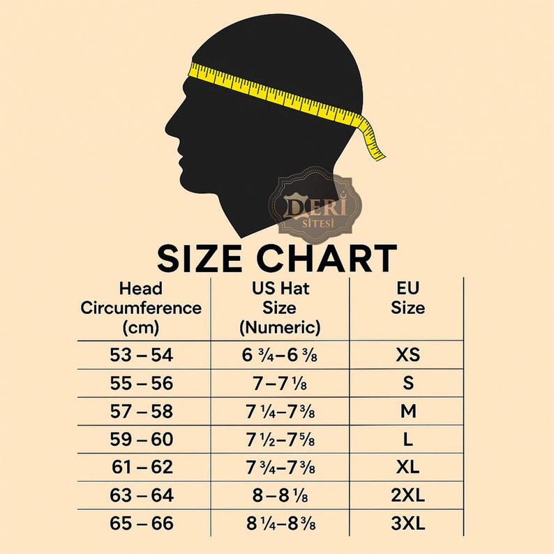 May include: A size chart graphic featuring a black silhouette of a head with a yellow measuring tape wrapped around it. The chart displays head circumference in cm, US hat sizes, and EU sizes ranging from XS to 3XL with the text DERI SITESI.