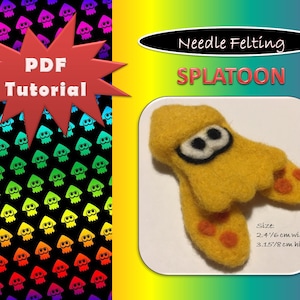 May include: A PDF tutorial for needle felting a yellow Splatoon character. The character is 2.4 inches wide and 3.15 inches high. The background is a black and rainbow pattern of the Splatoon character.