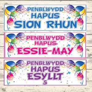 2 Personalised Welsh Birthday Banners - Available in a selection of colours - Any NAME and Any MESSAGE