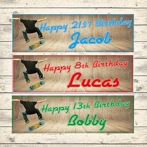 2 Personalised Skateboard Birthday Banners - Any NAME and Any AGE