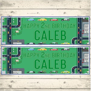 2 Personalised City Cars Birthday Party Banners - Any NAME and Any AGE