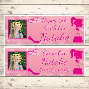 2 Personalised Doll Theme  Photo Birthday Banners - Any NAME and Any AGE