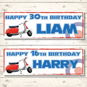 2 Personalised Red Lambretta Birthday Banners - Any NAME and Any AGE