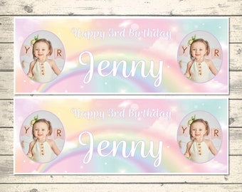 2 Personalised Photo Banners - Rainbow Birthday Banners - Any Name Any Age