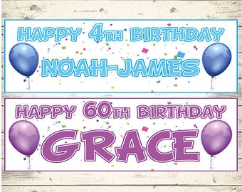 2 Personalised Birthday Banners - Choose from 7 colours - Any NAME and Any AGE