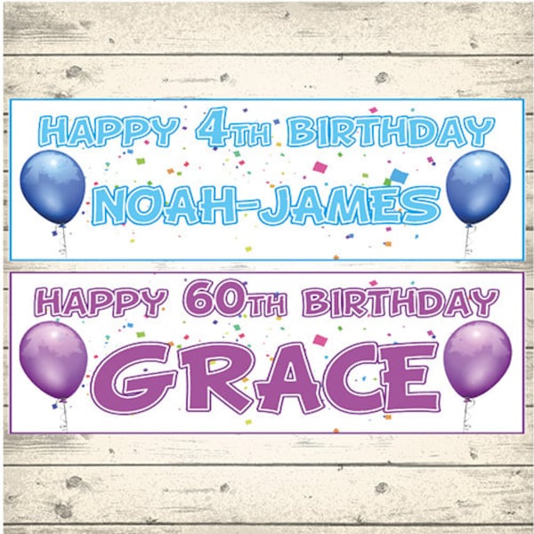 2 Personalised Birthday Banners - Choose from 7 colours - Any NAME and Any AGE