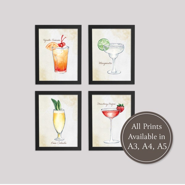Set of 4 Watercolour Cocktail Prints, Dining Room Wall Art, Bar Wall Art, Kitchen Decor, Cocktail Decor, Home Bar Decor, Drinking Prints