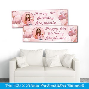 2 Personalised Photo Banners - Rose Gold Birthday Party Banners  - Any Name Any Age - Design 3