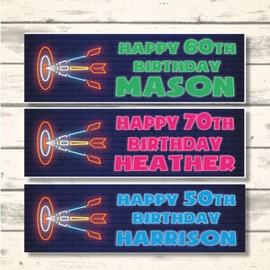 2 Personalised DARTS Birthday Party Banners Design 1 - Any NAME and Any AGE - Available in a section of colours