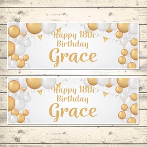 2 Personalised White and Gold Balloon Birthday Banners - Any NAME and Any AGE