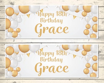 2 Personalised White and Gold Balloon Birthday Banners - Any NAME and Any AGE
