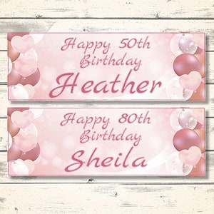 2 Personalised Rose Gold Birthday Banners - Design 3 Pink Hearts (Any NAME and Any AGE)