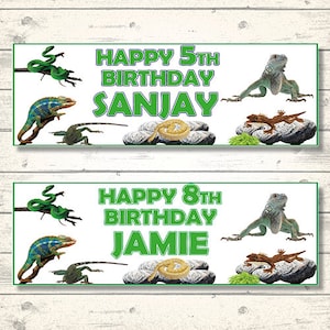 May include: Two printable birthday banners featuring green, blue and brown lizards and snakes. The top banner reads "Happy 5th Birthday Sanjay" and the bottom banner reads "Happy 8th Birthday Jamie".