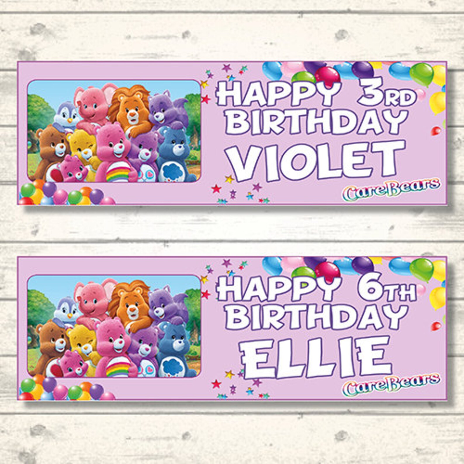 2 Personalised Purple Care Bears Birthday Banners Any NAME