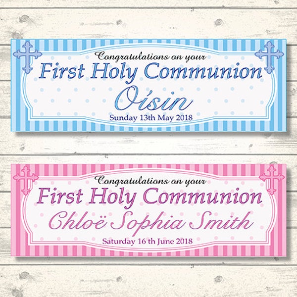 2 Personalised First Holy Communion Banners - Any Name and Date - Available in PINK or BLUE (Congratulation on your)