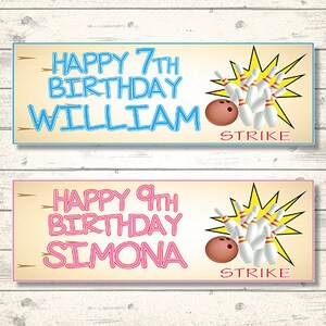 May include: Two printable birthday banners featuring a bowling theme. The top banner is blue and reads "Happy 7th Birthday William" with a bowling pin and ball graphic. The bottom banner is pink and reads "Happy 9th Birthday Simona" with a bowling pin and ball graphic.